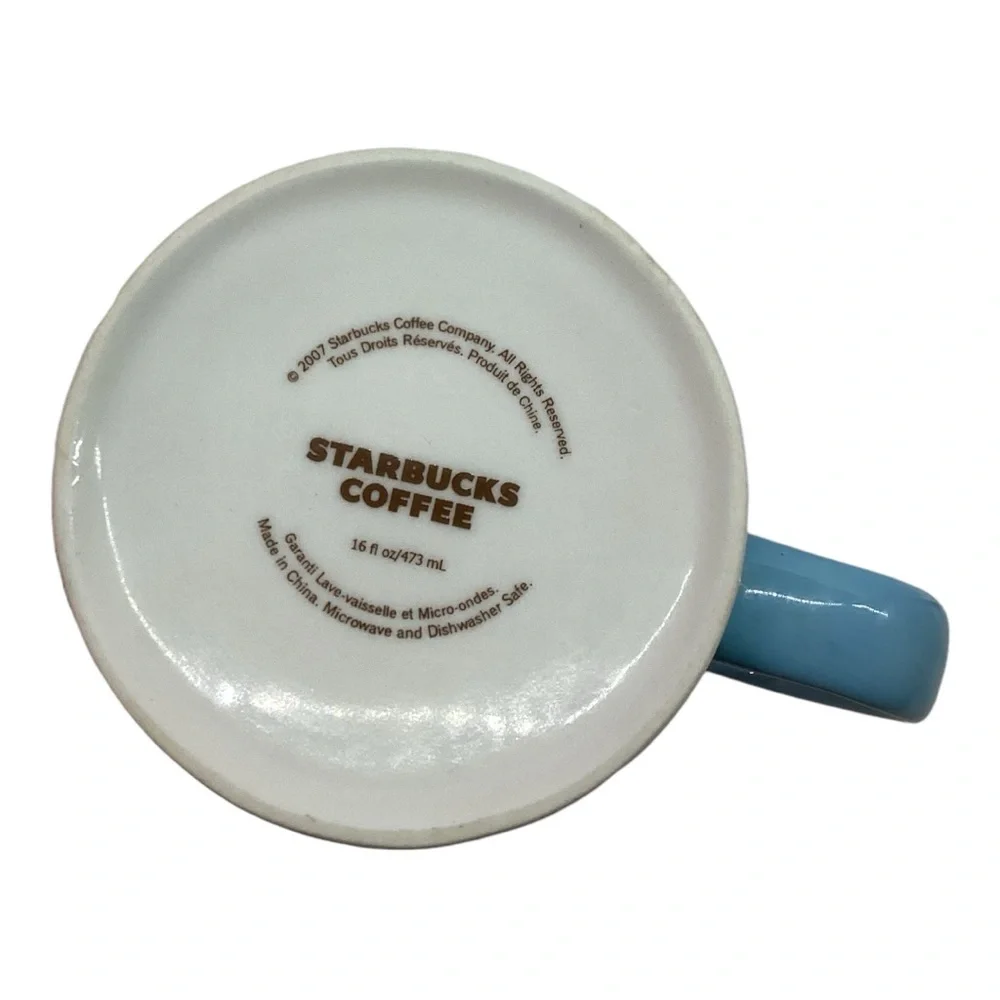 Starbucks 2007 - 16 oz Blue & White Large Graphic Coffee Mug Tea‎ Cup